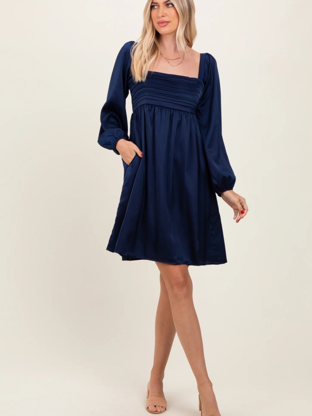 Abercrombie & Fitch Navy Square-Neck Pintuck Babydoll Dress